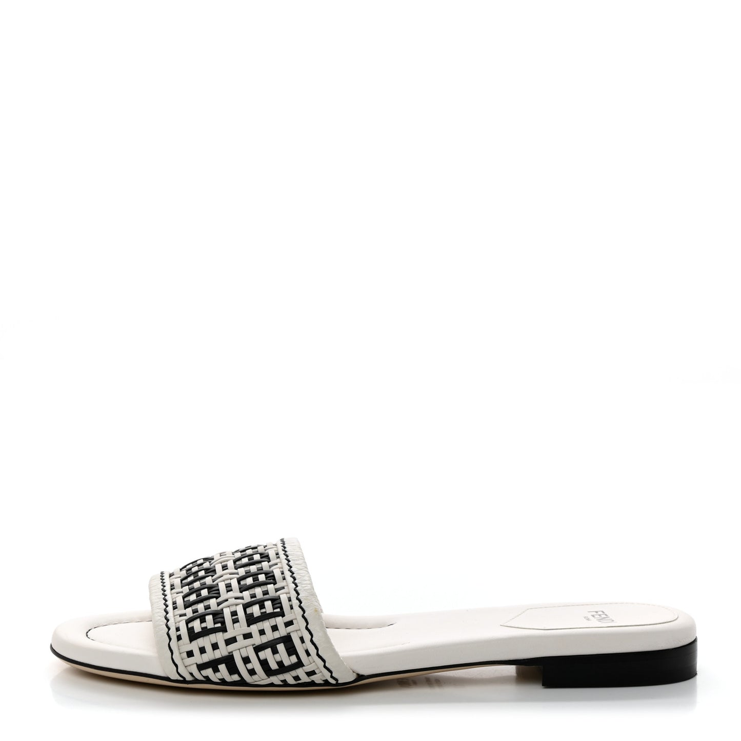 Woven Calfskin Zucca FF Flat Slide Sandals 37 White Black