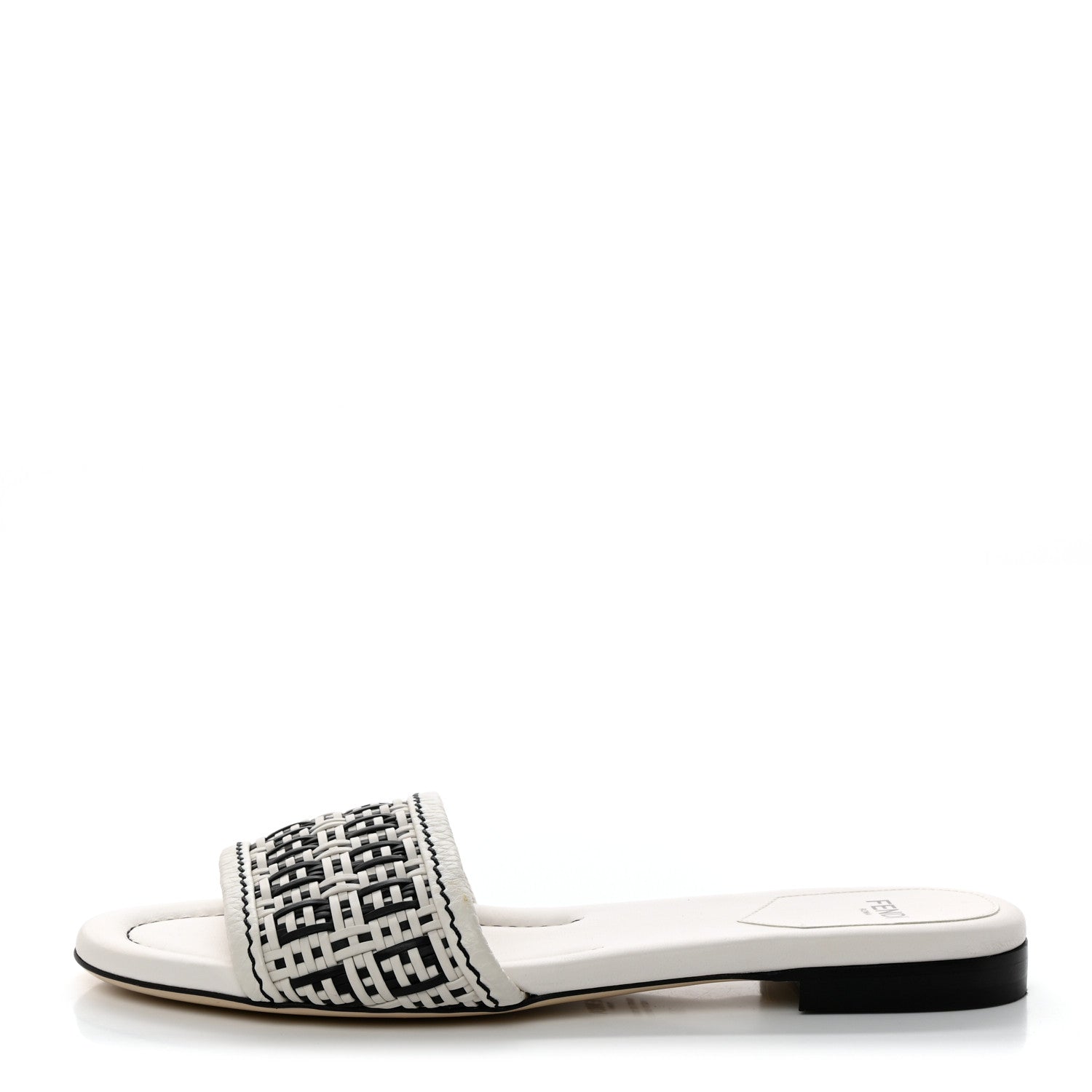 Fendi Woven Calfskin Zucca FF Flat Slide Sandals 37 White Black 1 of 9