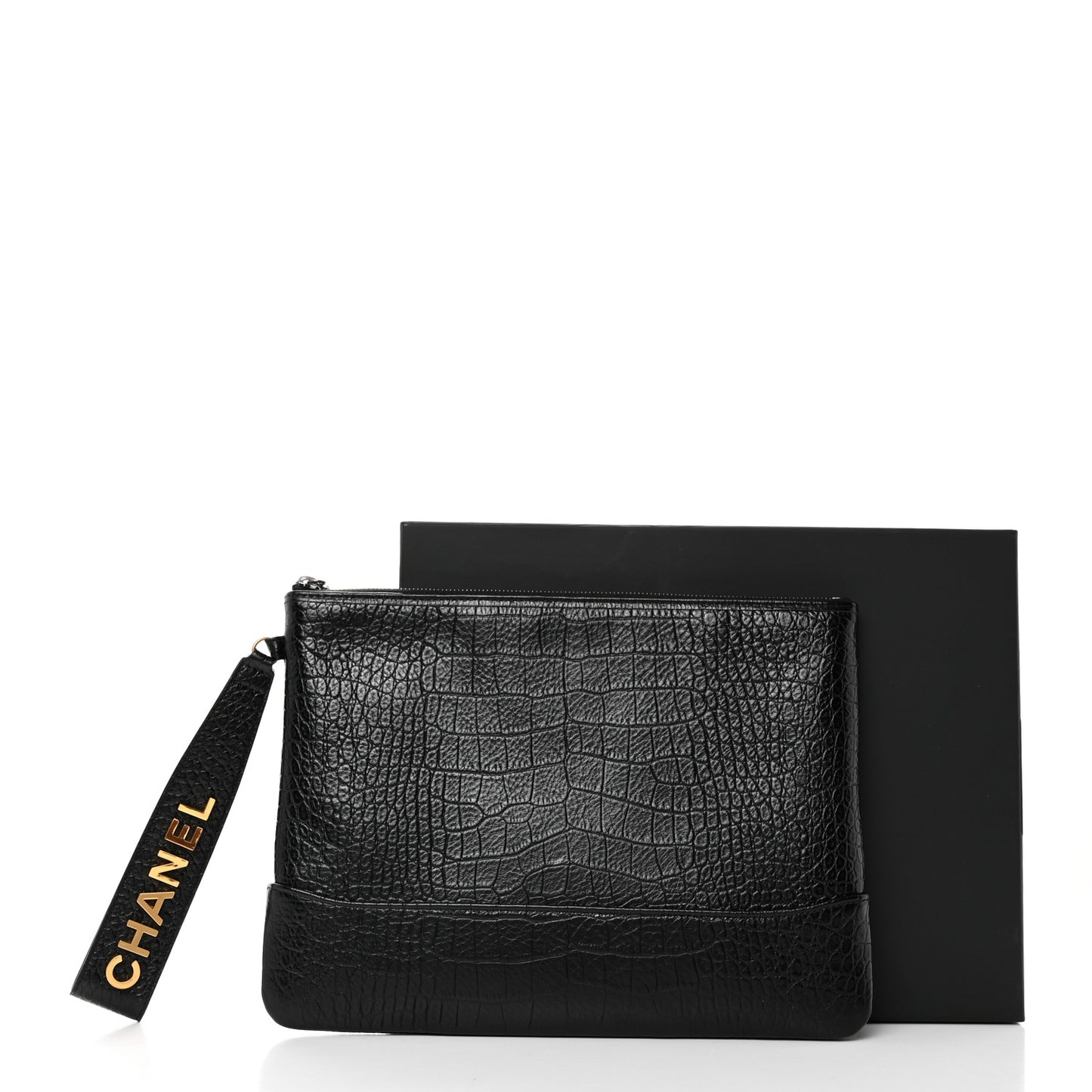Calfskin Crocodile Embossed Quilted Medium Gabrielle Cosmetic Case Black