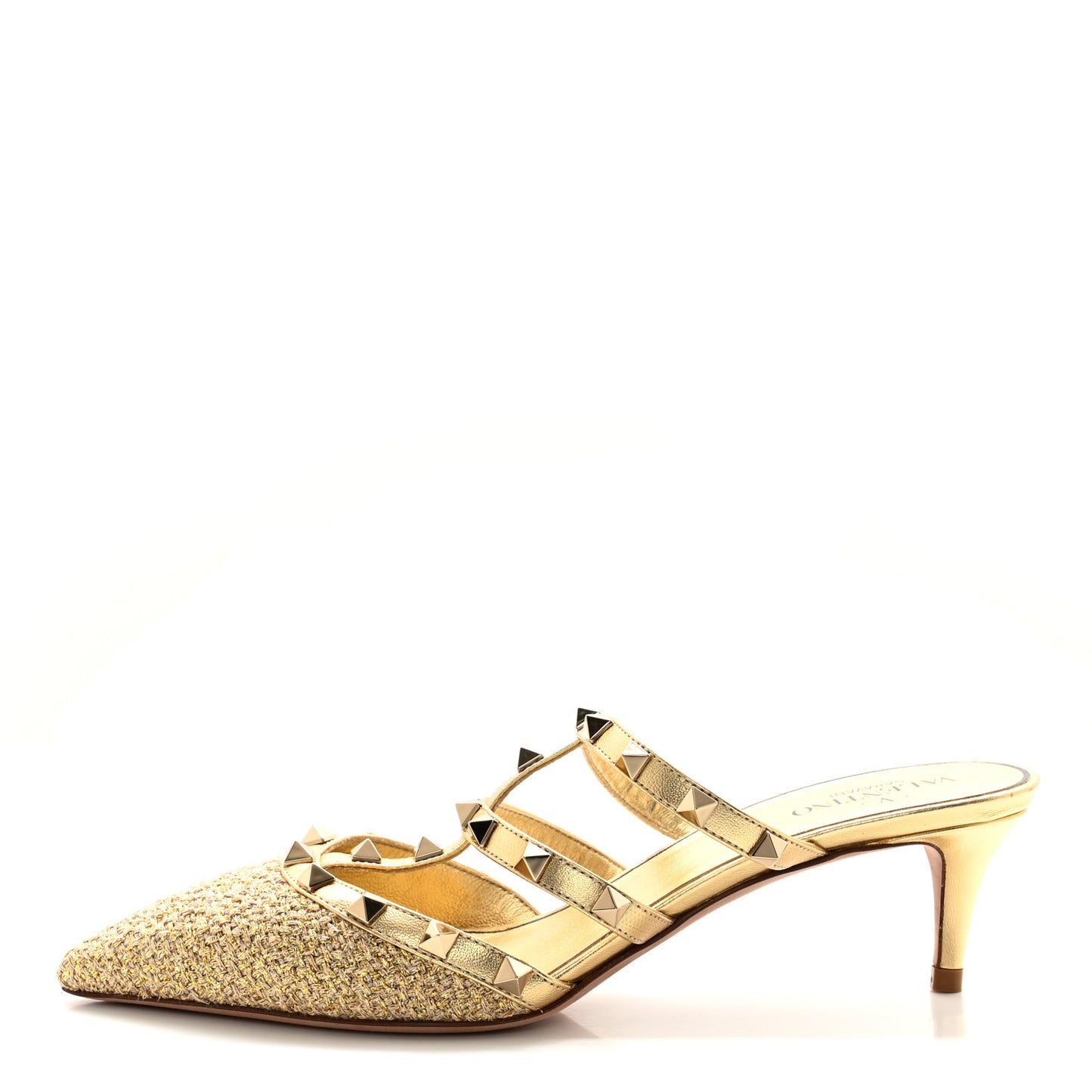 Metallic Boucle Calfskin Rockstud 50mm Cage Mules 37 Gold