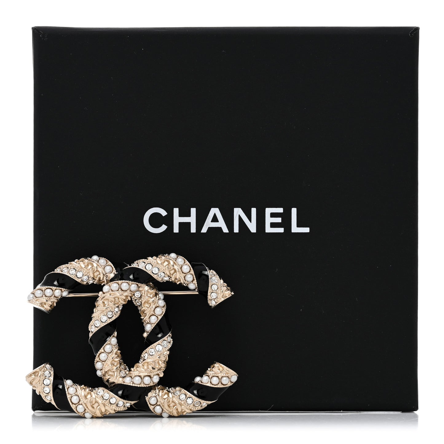Pearl Crystal Enamel CC Brooch Black Gold