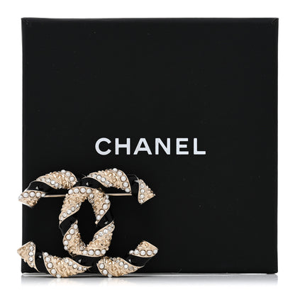 Chanel Pearl Crystal Enamel CC Brooch Black Gold 5 of 5