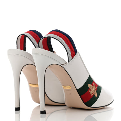 Gucci Malaga Kid Web Sylvie High Heel Slingback Pumps 36 White 4 of 5