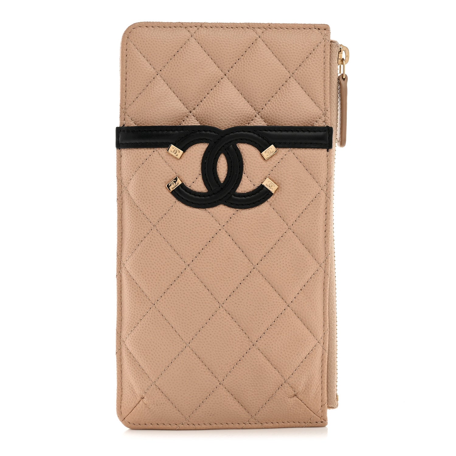 Chanel Caviar Quilted Filigree Classic Flat Wallet Pouch Beige Black 1 of 7