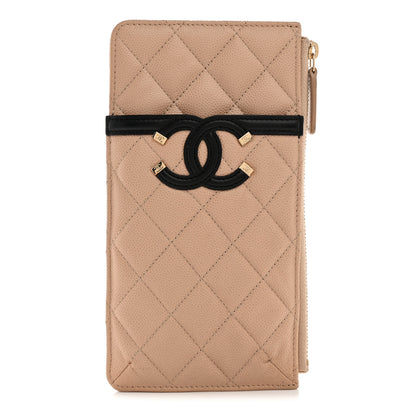 Chanel Caviar Quilted Filigree Classic Flat Wallet Pouch Beige Black 1 of 7
