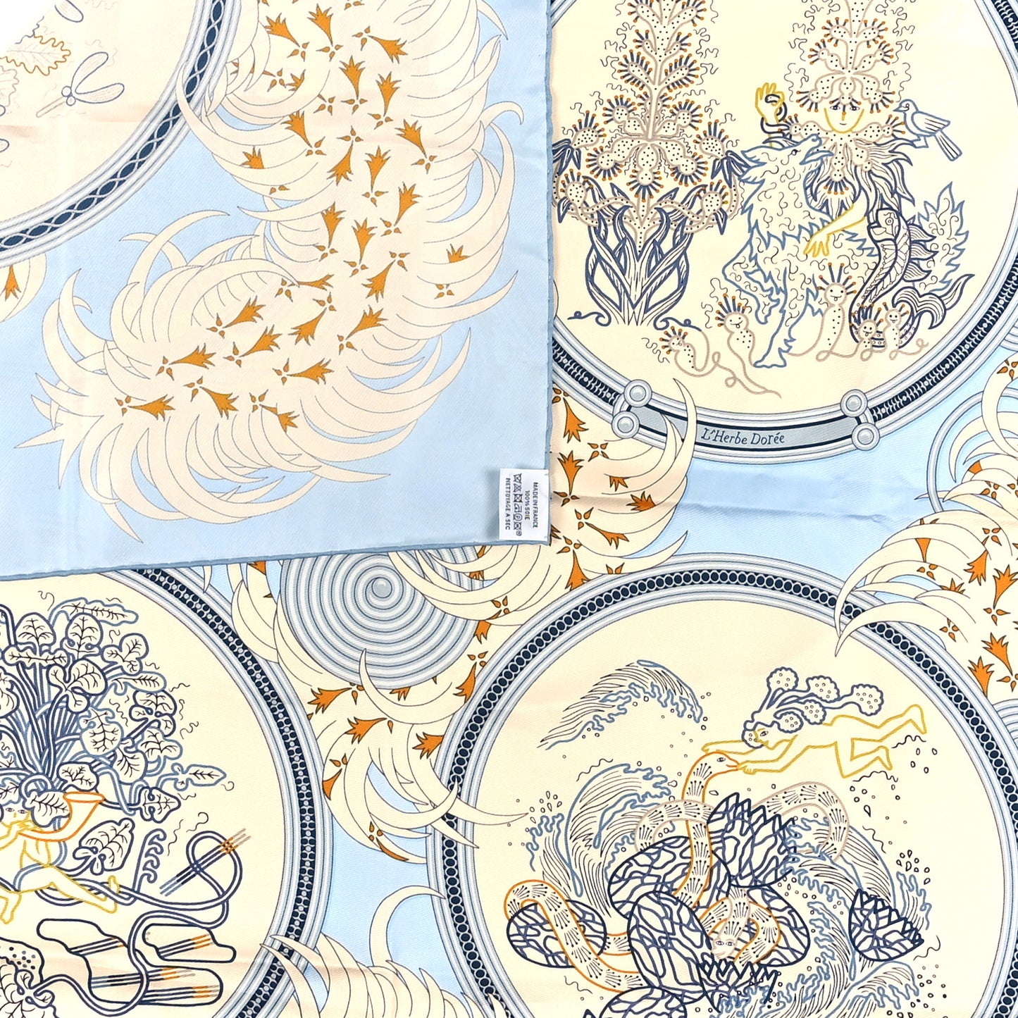 Silk Legende Brodee Scarf 90 Bleu Ciel Creme Marine