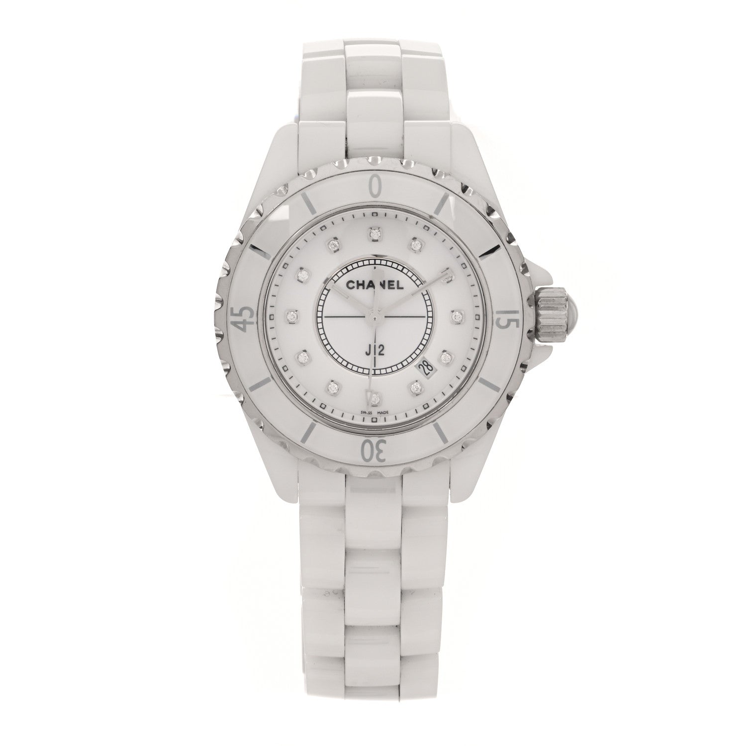 Chanel Stainless Steel Ceramic Diamond 33mm J12 Quartz Watch White 1 of 5