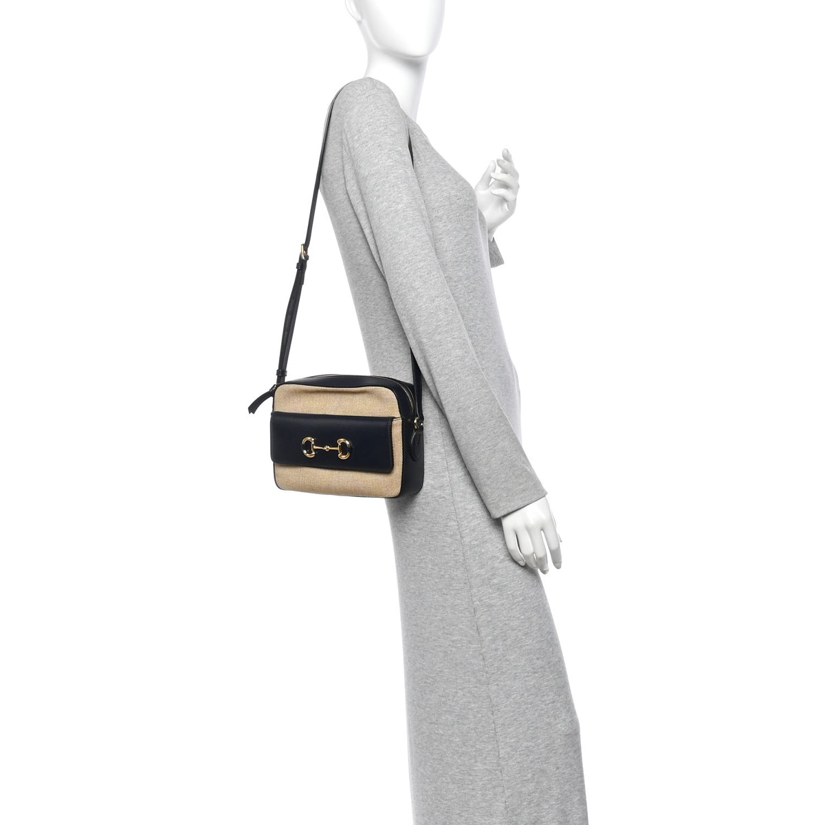 Gucci Vintage Rice Canvas Azalea Calfskin Small Horsebit 1955 Shoulder Bag Beige Blue 2 of 11