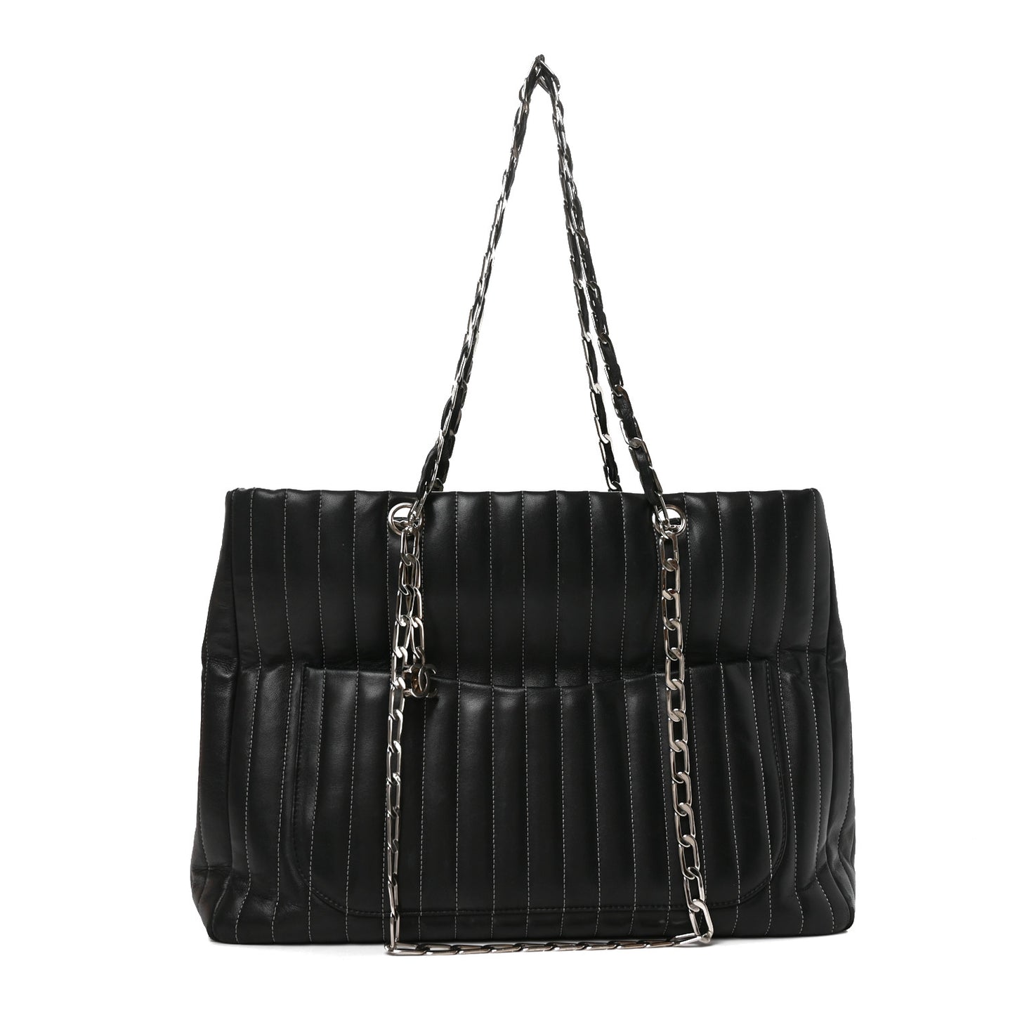 Lambskin Vertical Quilted Large Mademoiselle Tote Black
