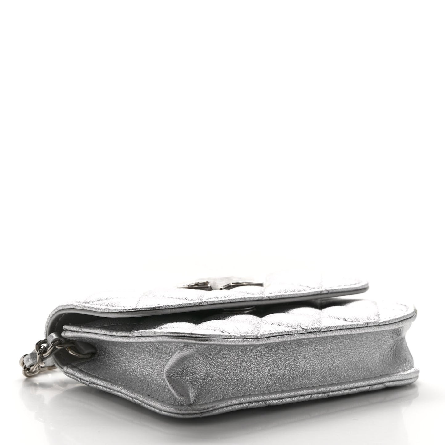 Metallic Goatskin Quilted Crystal CC Walk Of Fame Clutch With Chain Silver