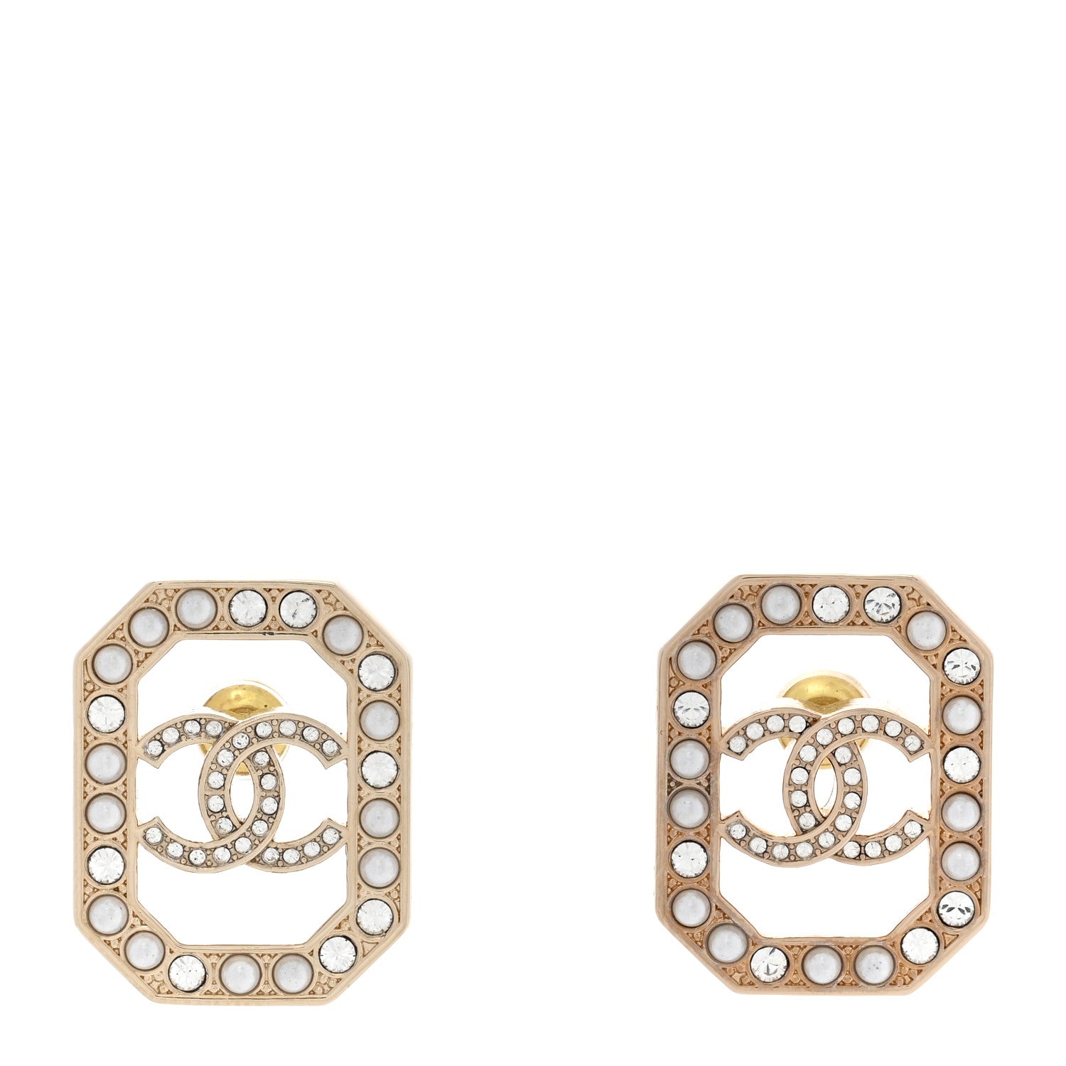 Chanel Crystal Pearl CC Geometric Earrings Gold 1 of 5