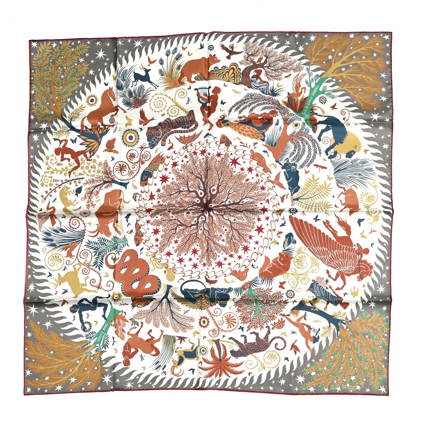 Silk Twill Sous Le Charme d'Orphee Double Face Scarf 90 Etoupe White Beige