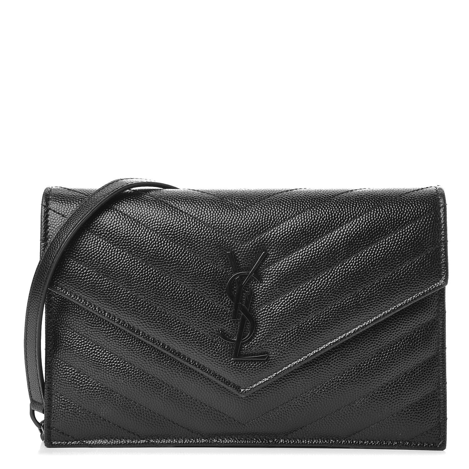 Saint Laurent Grain De Poudre Matelasse Chevron Monogram Envelope Chain Wallet Black 1 of 7