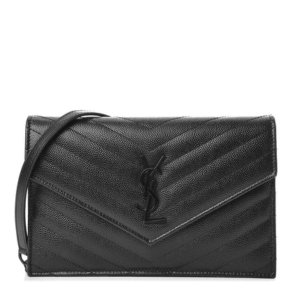Saint Laurent Grain De Poudre Matelasse Chevron Monogram Envelope Chain Wallet Black 1 of 7