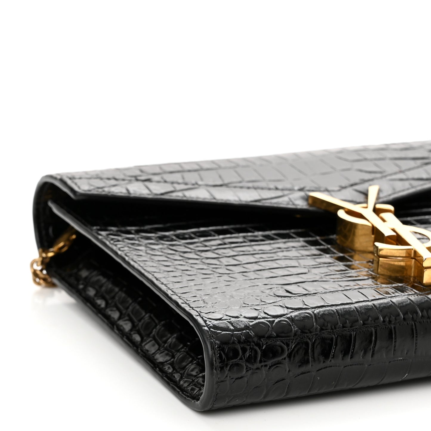 Calfskin Crocodile Embossed Monogram Cassandra Chain Wallet Black