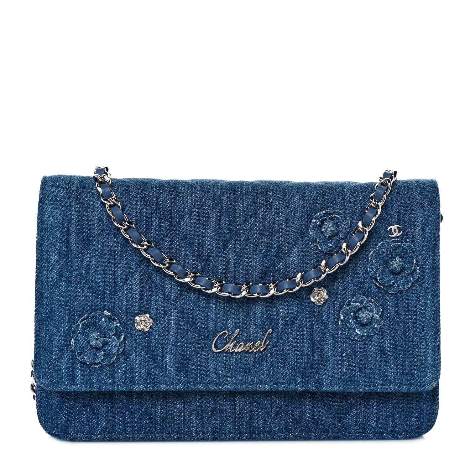 Chanel Denim Quilted Camellia Wallet On Chain WOC Blue 1 of 9