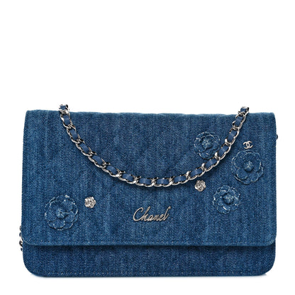 Chanel Denim Quilted Camellia Wallet On Chain WOC Blue 1 of 9