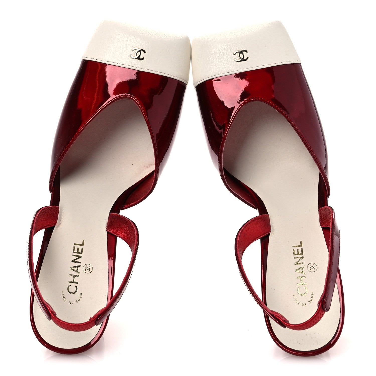 Chanel Laminated Calfskin Lambskin Cap Toe CC Slingback Pumps 37.5 Red Ivory 2 of 11