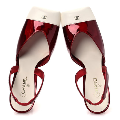 Chanel Laminated Calfskin Lambskin Cap Toe CC Slingback Pumps 37.5 Red Ivory 2 of 11