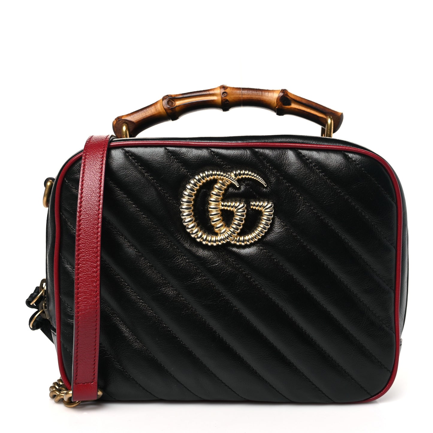 Vintage Effect Calfskin Matelasse Diagonal Small Torchon GG Marmont Bamboo Top Handle Shoulder Bag Black Romantic Cherry
