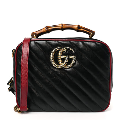 Gucci Vintage Effect Calfskin Matelasse Diagonal Small Torchon GG Marmont Bamboo Top Handle Shoulder Bag Black Romantic Cherry 1 of 10
