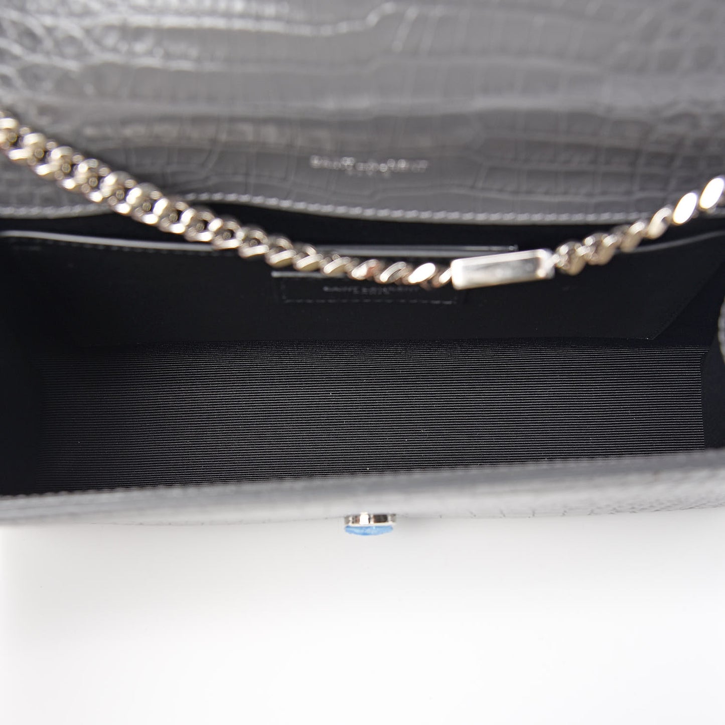 Calfskin Crocodile Embossed Medium Classic Monogram Kate Tassel Satchel Fog