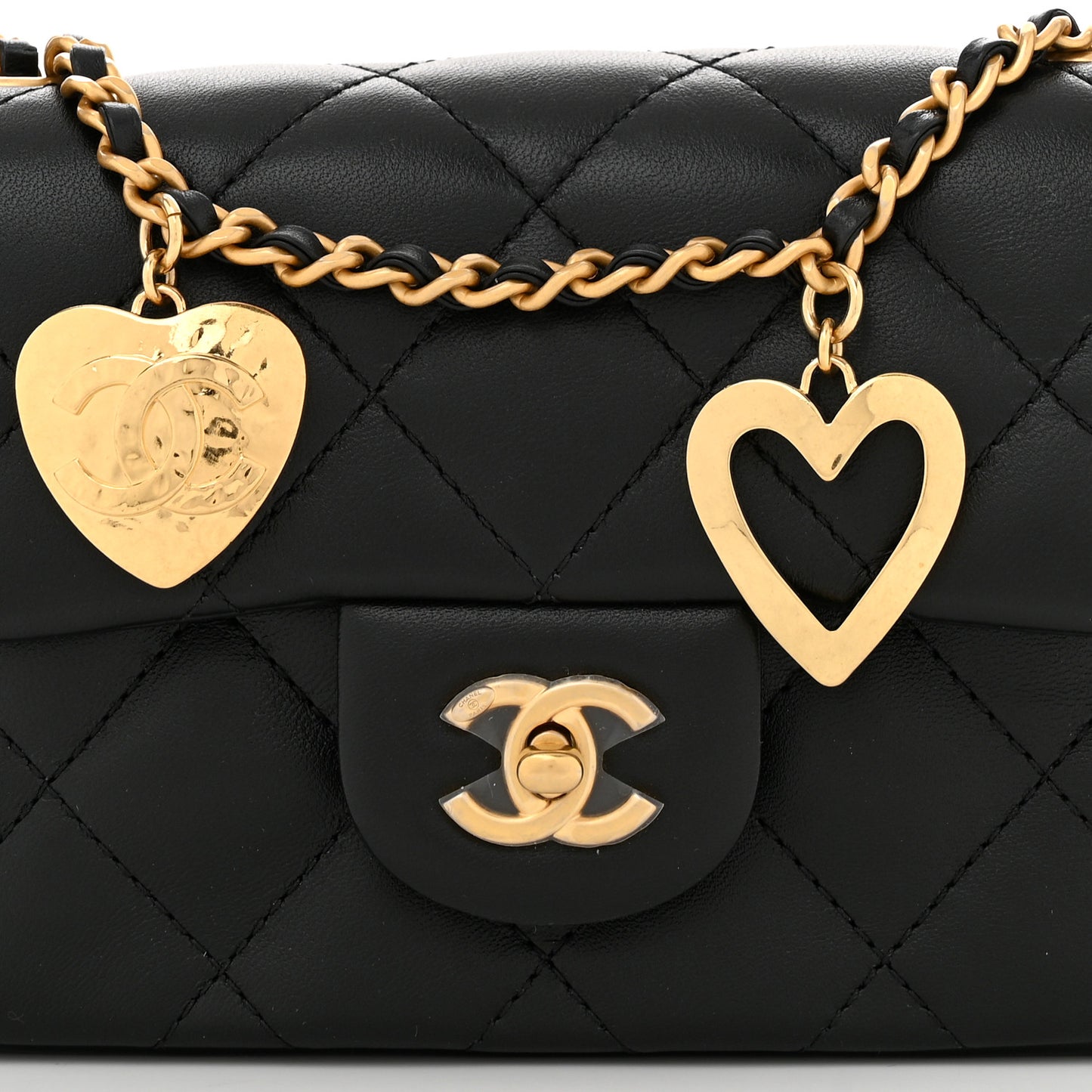 Lambskin Quilted Mini Heart Charms Flap Black