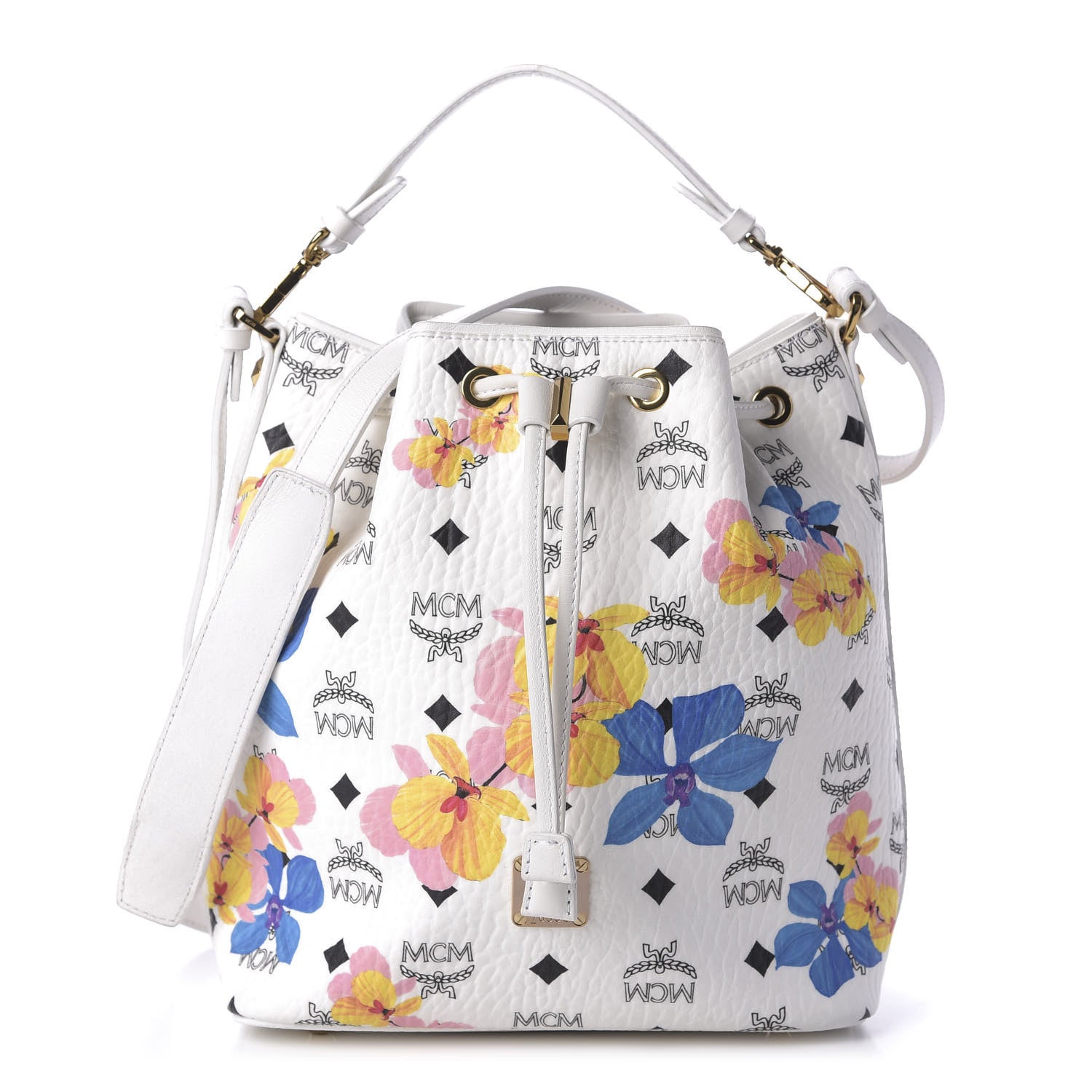 MCM Visetos Floral Print Small Drawstring Bucket Bag White 1 of 10