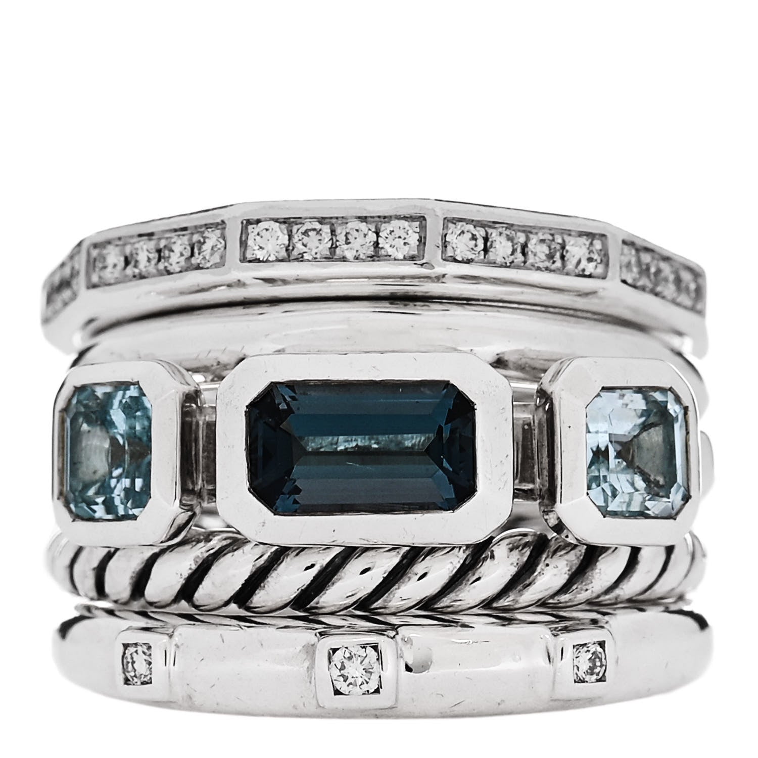 David Yurman Sterling Silver Diamond Hampton Blue Topaz 15mm Stax Five-Row Ring 49 4.75 1 of 4