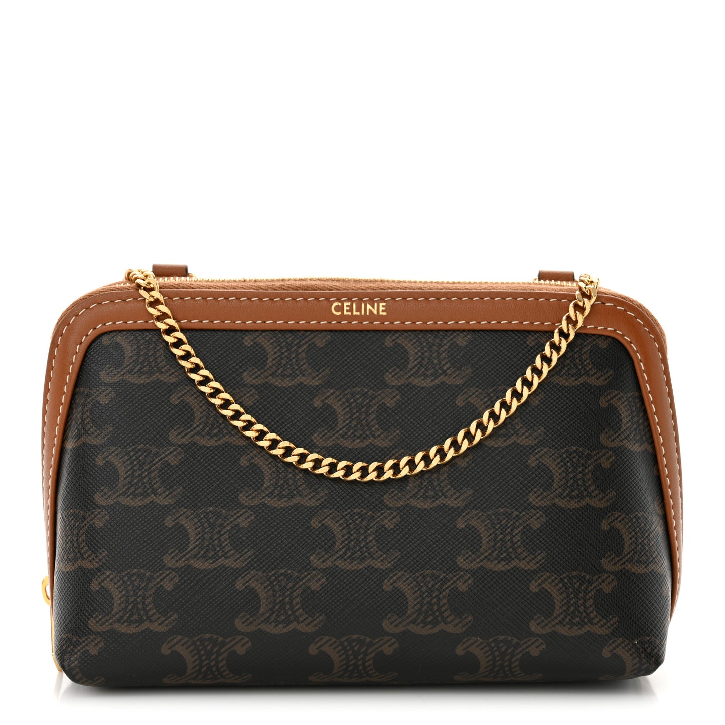 Triomphe Canvas Lambskin Clutch On Chain Tan