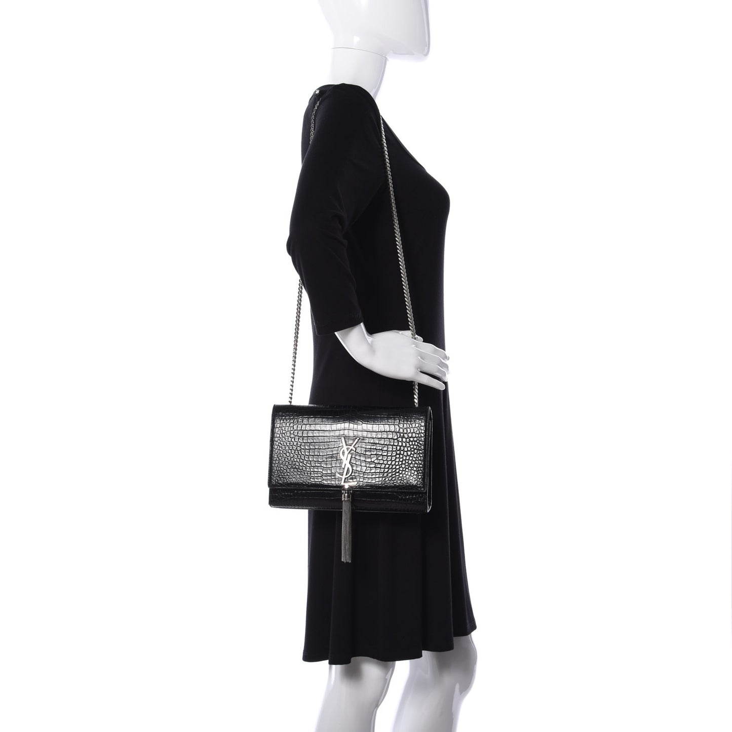 Calfskin Crocodile Embossed Medium Classic Monogram Kate Tassel Satchel Black