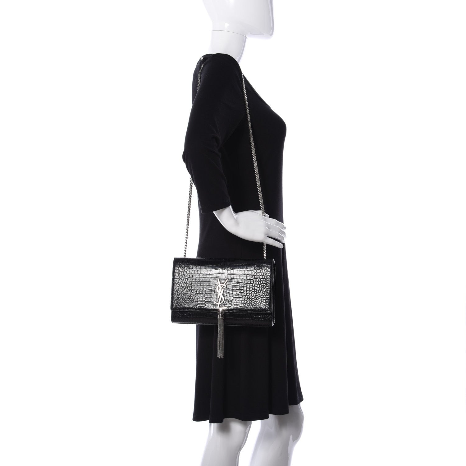 Saint Laurent Calfskin Crocodile Embossed Medium Classic Monogram Kate Tassel Satchel Black 2 of 8