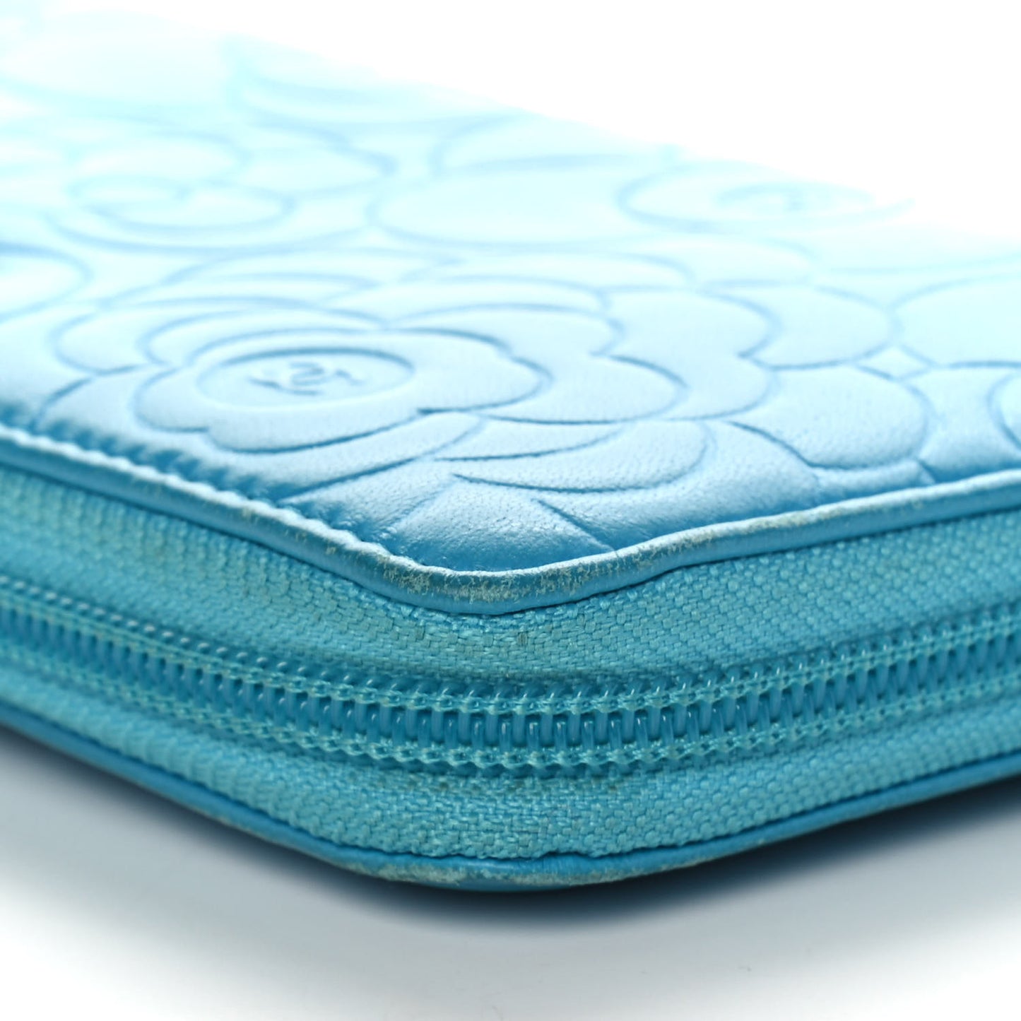 Lambskin Camellia Embossed Large Gusset Zip Around Wallet Blue