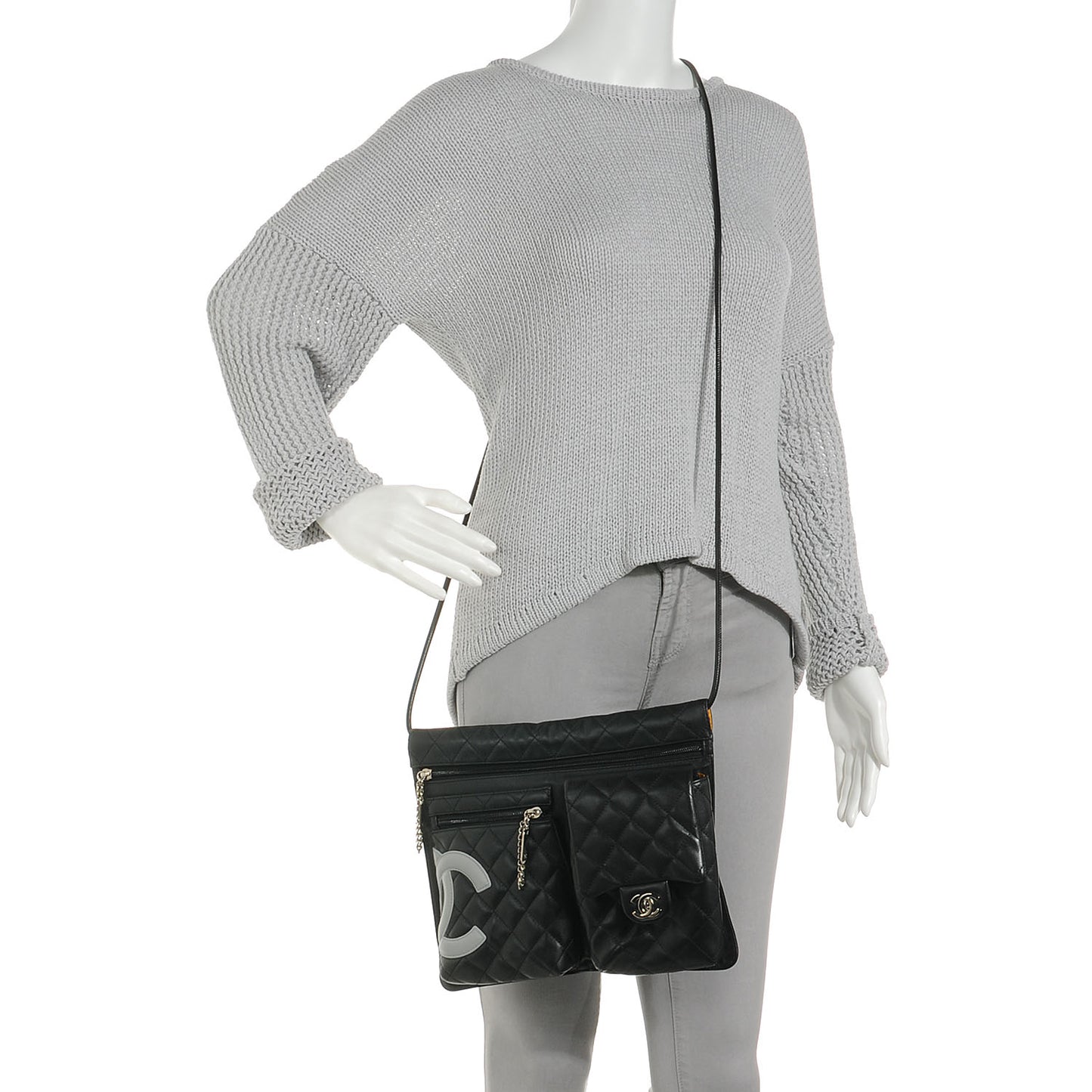 Calfskin Quilted Cambon Multipocket Shoulder Bag Black
