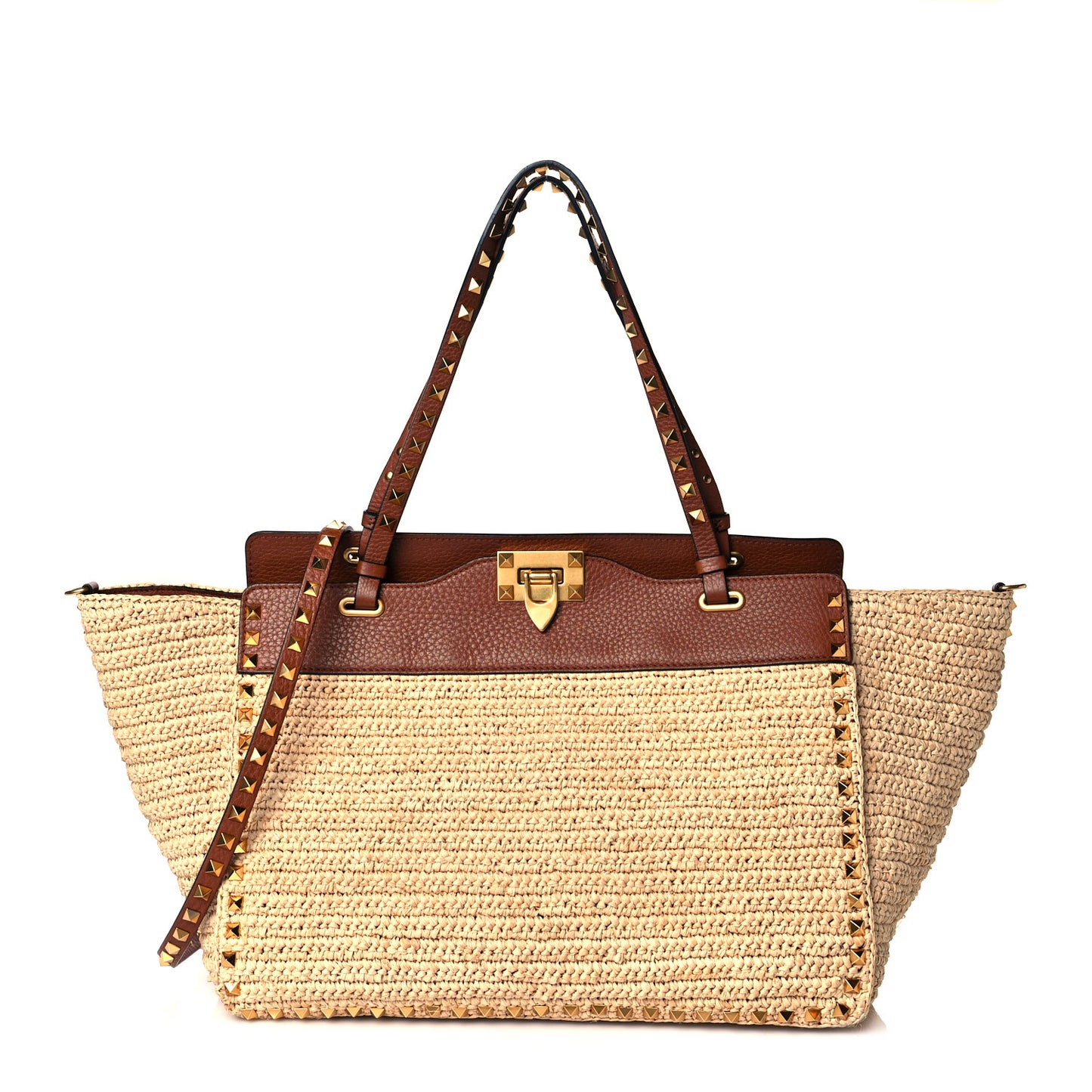 Raffia Calfskin Rockstud Tote Naturale Saddle Brown