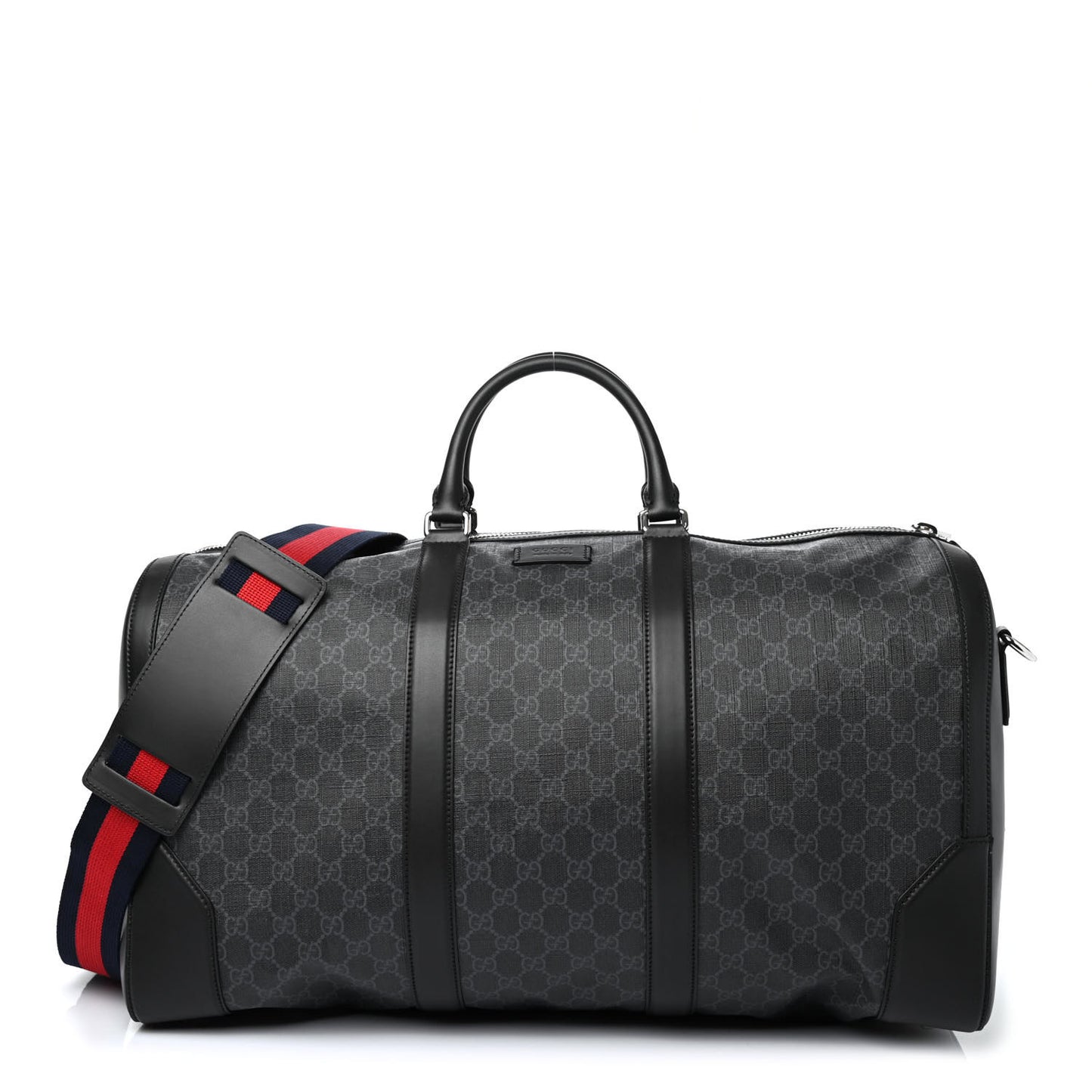 Soft GG Supreme Monogram Appia Calfskin Web Large Carry On Duffle Bag Black Grey
