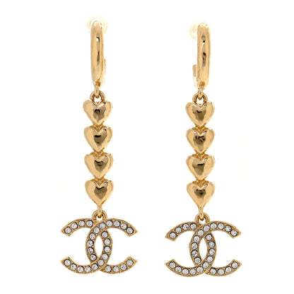 Chanel Metal Crystal CC Heart Hoop Long Drop Earrings Gold 1 of 4