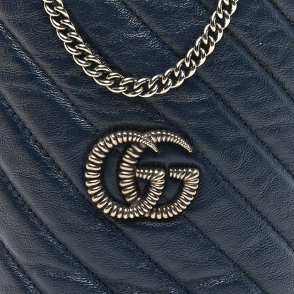 Gucci Vintage Effect Calfskin Matelasse Diagonal Mini Torchon GG Marmont 2.0 Bucket Bag Blue Agata Mystic White 7 of 9