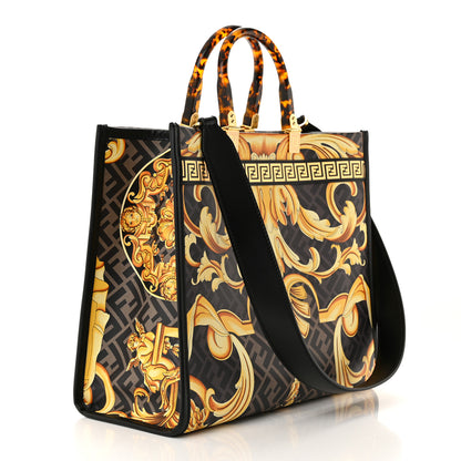 Fendi X VERSACE Calfskin Plexiglass Fendace FF Baroque Print Medium Fendi Sunshine Shopper Tote Black Gold 3 of 10