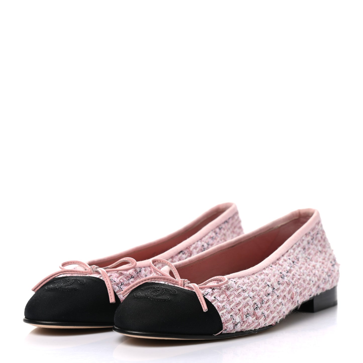 Tweed Grosgrain Cap Toe Ballerina Flats 37.5 Pink Black