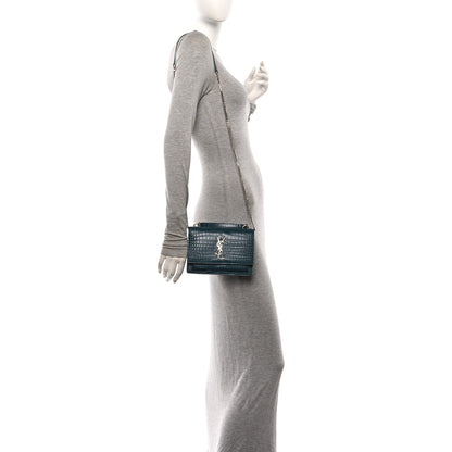 Saint Laurent Calfskin Crocodile Embossed Monogram Sunset Chain Wallet Dark Turquoise 2 of 10