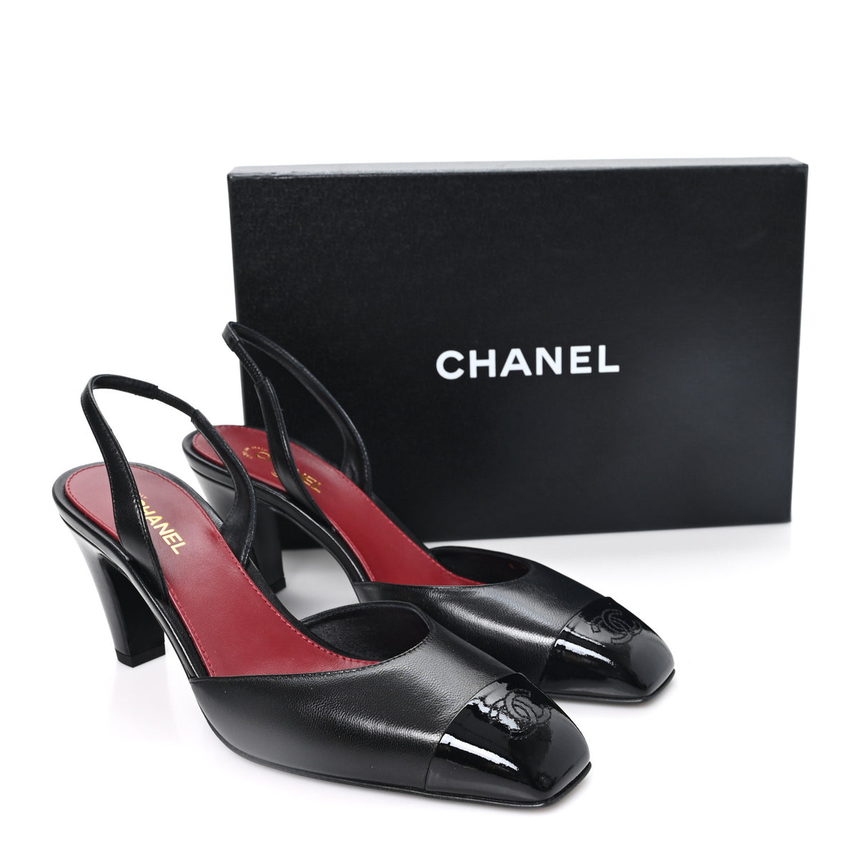 Chanel Lambskin Patent Calfskin Cap Toe CC Slingback Pumps 40 Black 10 of 10