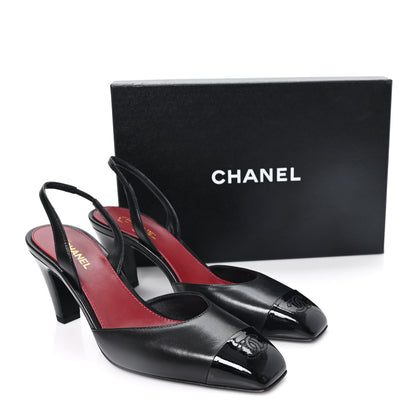 Chanel Lambskin Patent Calfskin Cap Toe CC Slingback Pumps 40 Black 10 of 10