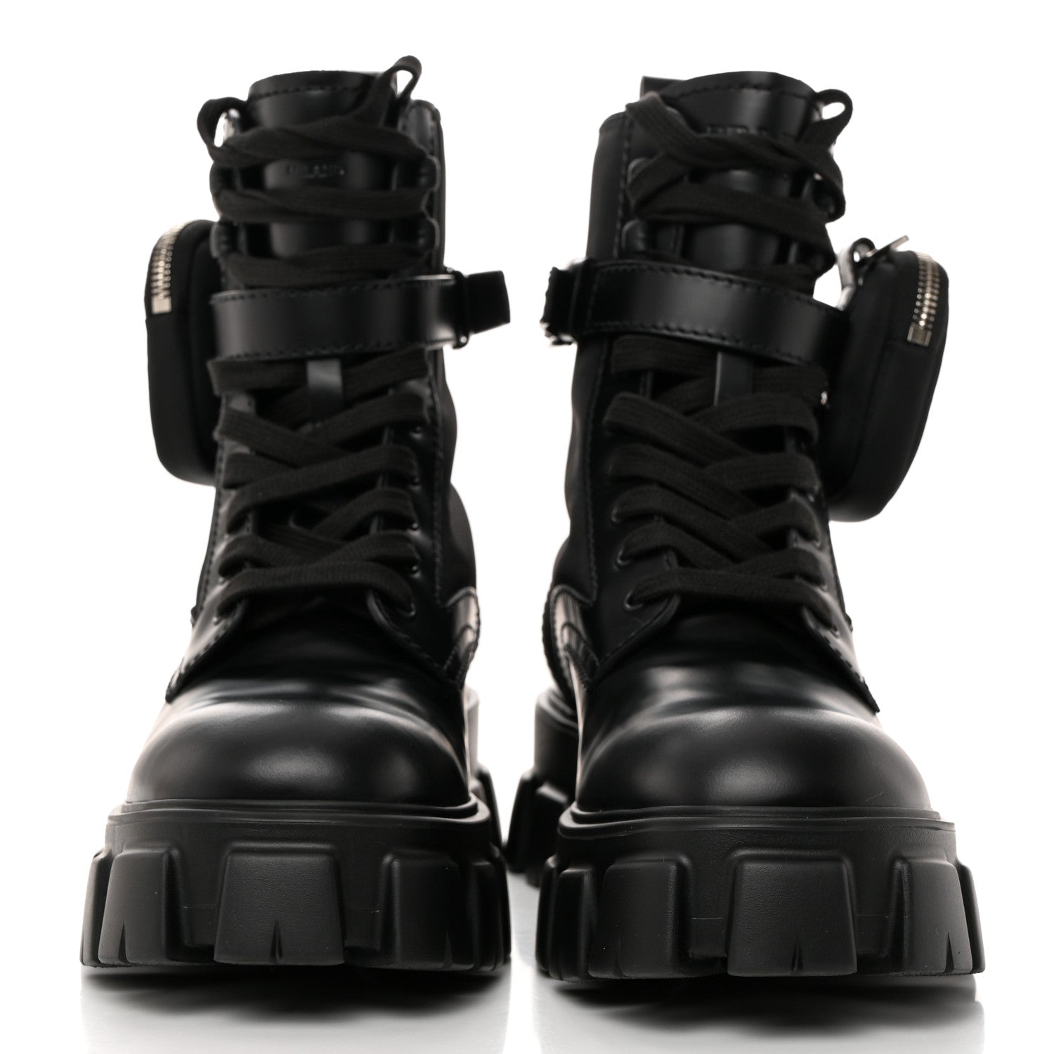 Prada Spazzolato Rois Re-Nylon Metal Triangle Logo Mens Monolith Pouch Pocket 60mm Combat Boots 8 Black 2 of 10