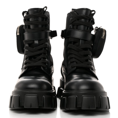 Prada Spazzolato Rois Re-Nylon Metal Triangle Logo Mens Monolith Pouch Pocket 60mm Combat Boots 8 Black 2 of 10