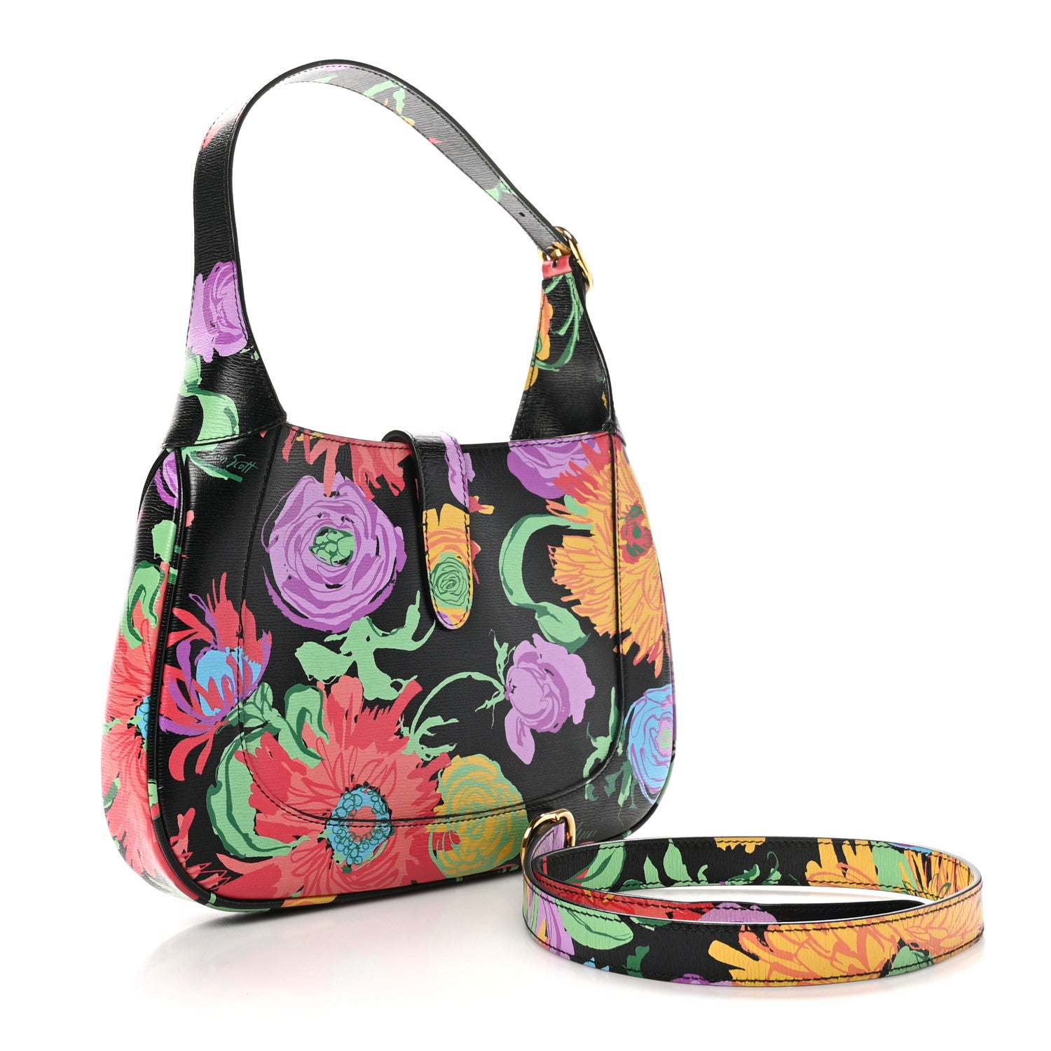 Gucci X KEN SCOTT New Shangai Calfskin Jenny Floral Print Small Jackie 1961 Hobo Black Pink 3 of 10