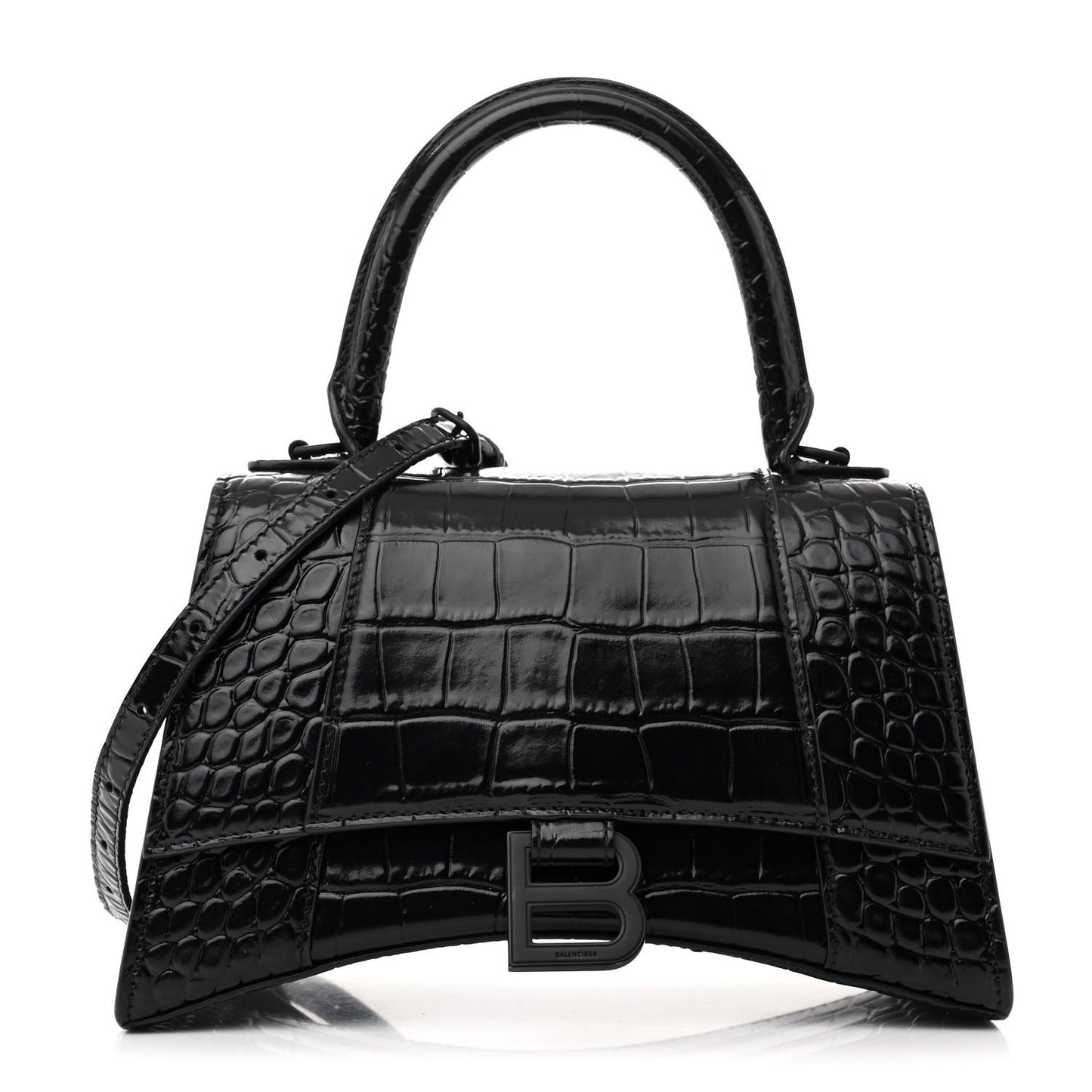 Shiny Calfskin Monochrome Crocodile Embossed Small Hourglass Top Handle Bag Black