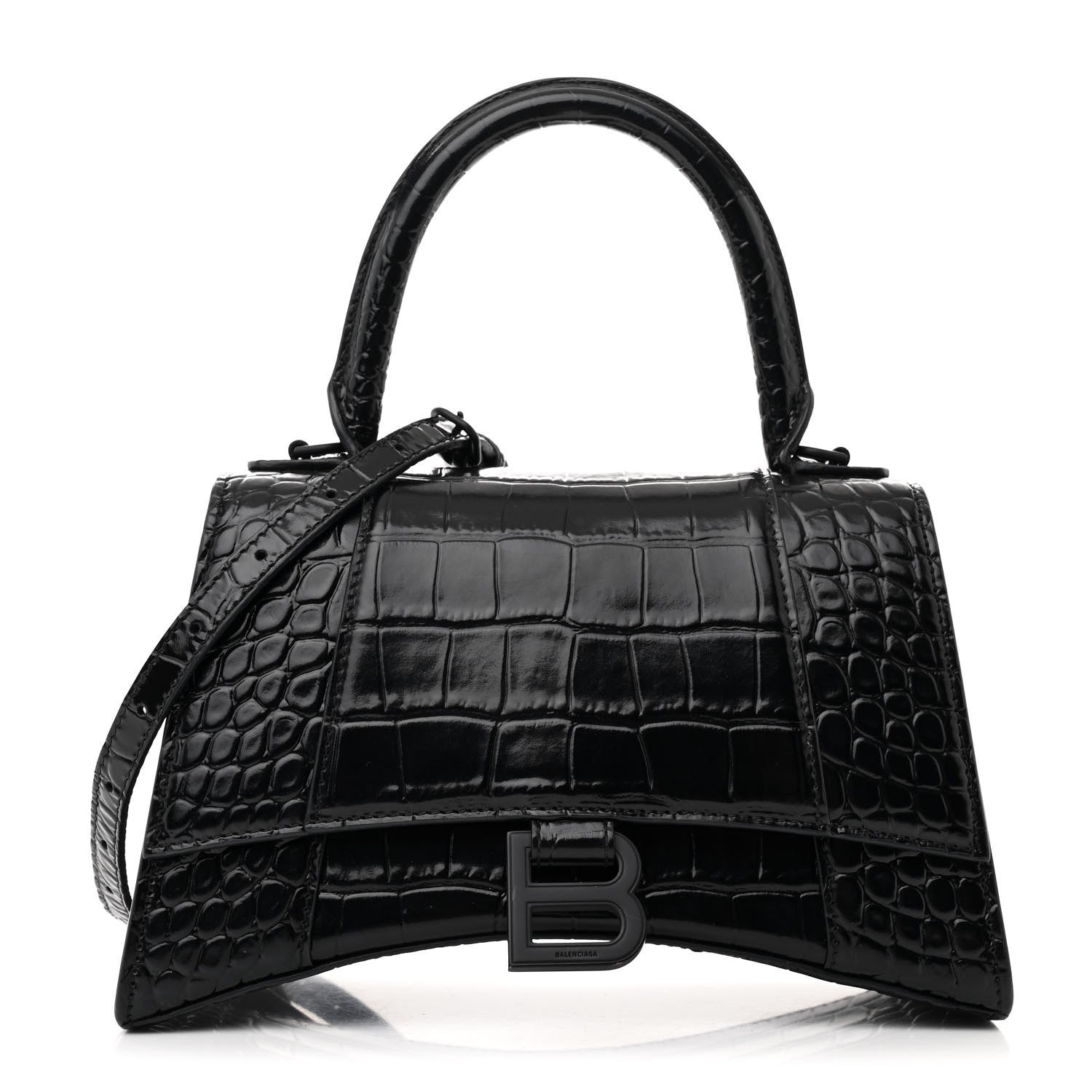 Balenciaga Shiny Calfskin Monochrome Crocodile Embossed Small Hourglass Top Handle Bag Black 1 of 15