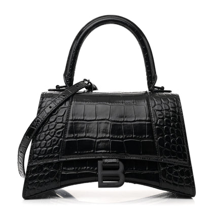 Balenciaga Shiny Calfskin Monochrome Crocodile Embossed Small Hourglass Top Handle Bag Black 1 of 15