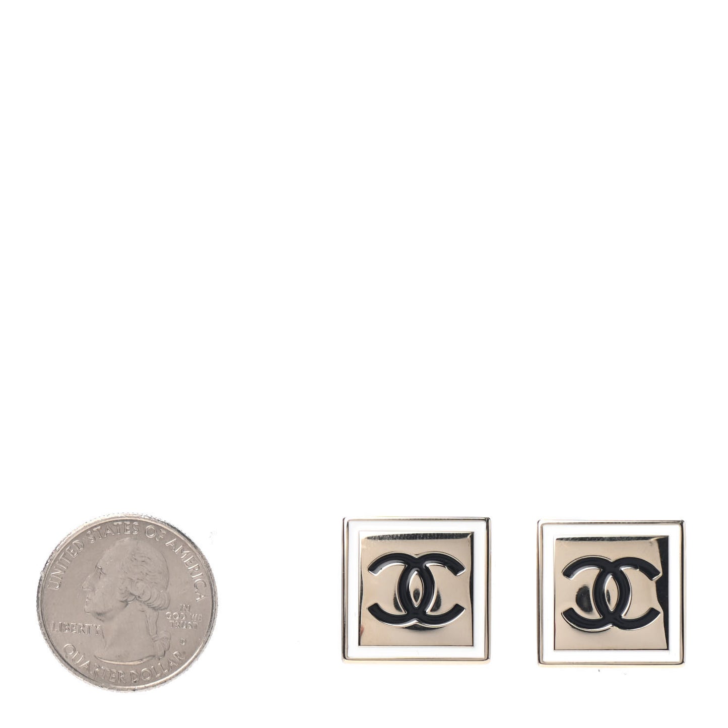 Metal Enamel CC Square Earrings Gold Black White